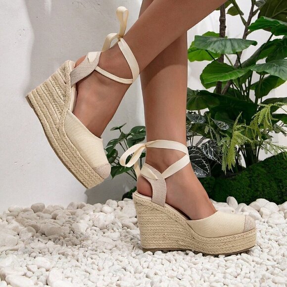 Apricot Boho Women's Vacation Tie Leg Design Espadrille Wedge Shoes - Picture 4 of 5